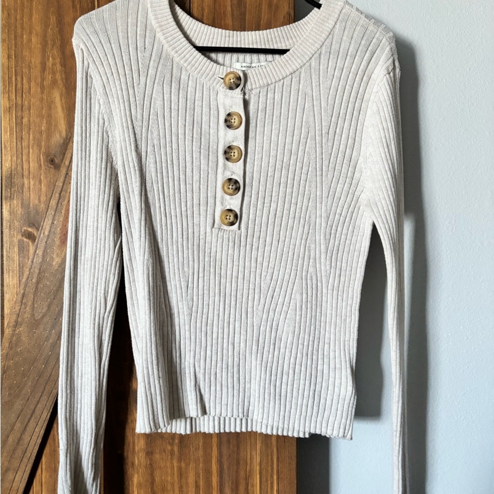 American Eagle Outfitters Ribbed Long Sleeve Top in Cream